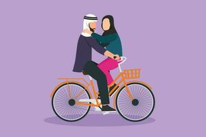 graphique plat conception dessin romantique arabe couple équitation sur bicyclette ensemble. content homme et femme cycliste étreindre, embrasser chaque autre. gens profiter en plein air activité. dessin animé style vecteur illustration