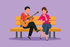 personnage plat dessin gens séance sur en bois banc dans parc. romantique couple sur date, content homme en jouant la musique sur guitare, jolie fille Ecoutez et en chantant ensemble. dessin animé conception vecteur illustration