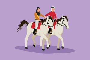 dessin animé plat style dessin romantique arabe couple équitation les chevaux main dans main à le coucher du soleil. content homme fabrication proposition mariage à femme. engagement et l'amour relation. graphique conception vecteur illustration