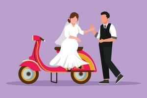 personnage plat dessin marié cavaliers couple voyage Voyage se détendre. romantique voyage de noces des moments séance et parlant sur moto. homme avec femme en portant main sur scooter. dessin animé conception vecteur illustration