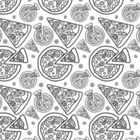 sans couture Pizza modèle. Pizza avec Couper pièce, avec tomates, Olives, saucisse et fromage. impression pour bannières, conception, décoration de rue vite nourriture café, rue aliments. vecteur illustration