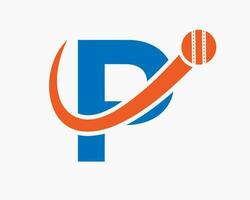 lettre p criquet logo concept avec en mouvement Balle icône pour criquet club symbole. joueur de cricket signe vecteur