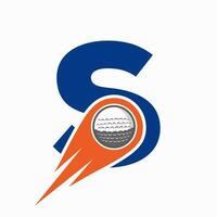 concept de logo de golf lettre s avec icône de balle de golf en mouvement. modèle de vecteur de symbole de logo de sport de hockey