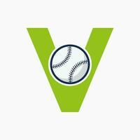 concept de logo de baseball lettre v avec modèle vectoriel d'icône de baseball en mouvement