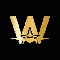 concept de logo de voyage lettre w avec symbole d'avion volant vecteur