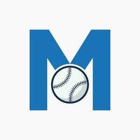 concept de logo de baseball lettre m avec modèle vectoriel d'icône de baseball en mouvement