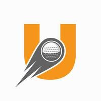 concept de logo de golf lettre u avec icône de balle de golf en mouvement. modèle de vecteur de symbole de logo de sport de hockey