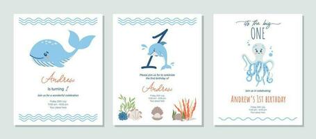 en dessous de le mer anniversaire invitation avec mer animaux. nautique bébé douche inviter. imprimable bébé garçon invitation. rouge et bleu couleurs. océan à thème anniversaire fête modèle. vecteur illustration