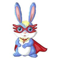 lapin de dessin animé, super-héros de lièvre en manteau rouge et masque. personnage enfantin mignon, pâques, printemps, symbole de 2023 vecteur