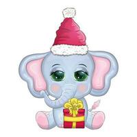mignonne dessin animé éléphant, puéril personnage avec magnifique yeux portant Père Noël chapeau, foulard, en portant cadeau, Noël Balle vecteur