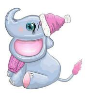 mignonne dessin animé éléphant, puéril personnage avec magnifique yeux portant Père Noël chapeau, foulard, en portant cadeau, Noël Balle vecteur