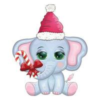 mignonne dessin animé éléphant, puéril personnage avec magnifique yeux portant Père Noël chapeau, foulard, en portant cadeau, Noël Balle vecteur