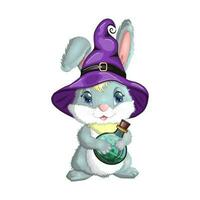 lapin mignon en chapeau de sorcière avec citrouille, balai, potion. concept de festival d'halloween heureux. personnage de mascotte de lièvre de l'année 2023 vecteur