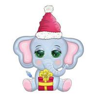 mignonne dessin animé éléphant, puéril personnage avec magnifique yeux portant Père Noël chapeau, foulard, en portant cadeau, Noël Balle vecteur