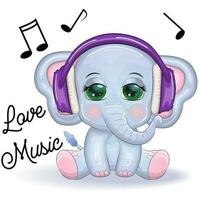 mignonne dessin animé éléphant, puéril personnage avec magnifique yeux portant écouteurs, la musique amoureux écoute à la musique vecteur