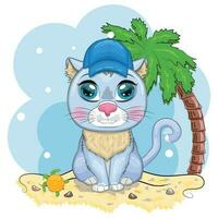 chat de dessin animé dans un chapeau avec des fleurs. vacances d'été. personnage enfant mignon, symbole du nouvel an chinois 2023. vecteur