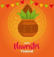 affiche de célébration joyeuse navratri avec plante en céramique et guirlandes suspendues vecteur