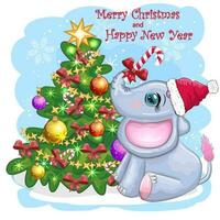 mignonne dessin animé éléphant, puéril personnage dans Père Noël chapeau avec cadeau, Noël Balle ou bonbons canne près Noël arbre vecteur