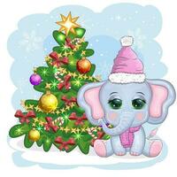 mignonne dessin animé éléphant, puéril personnage dans Père Noël chapeau avec cadeau, Noël Balle ou bonbons canne près Noël arbre vecteur