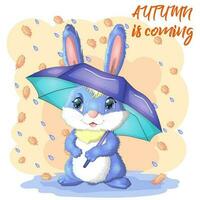 dessin animé lapin, lièvre avec un parapluie. l'automne, mignonne puéril personnage, symbole de 2023 chinois Nouveau année vecteur