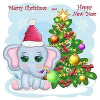 mignonne dessin animé éléphant, puéril personnage dans Père Noël chapeau avec cadeau, Noël Balle ou bonbons canne près Noël arbre vecteur