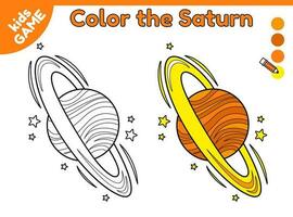 page de coloration livre pour enfants. Couleur dessin animé le Saturne dans espace. contour planète de solaire système. activité pour préscolaire et école les enfants. noir et blanc et coloré illustration. vecteur conception.