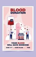 affiche de don de sang avec deux peuples observant le processus de don vecteur