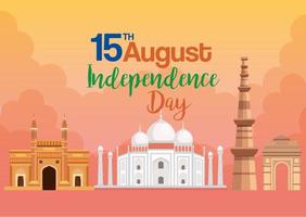 monuments célèbres de l'inde, 15 août pour la fête de l'indépendance heureuse en arrière-plan vecteur