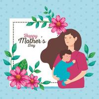 carte de fête des mères heureuse avec une femme enceinte portant un bébé garçon vecteur