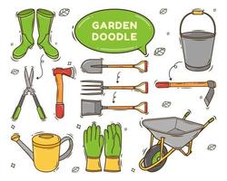 ensemble de style doodle de dessin animé outil de jardin dessiné à la main vecteur