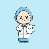 mignonne dentiste hijab femelle médecin en portant dent kawaii chibi plat décrit personnage vecteur