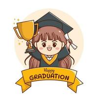 bannière ou ruban content l'obtention du diplôme fille avec en portant trophée et papier mignonne kawaii chibi dessin animé vecteur