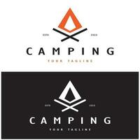 ancien et rétro tente logo, camping. avec tente, arbre et feu signe. aventuriers, éclaireurs, grimpeurs, camping équipement centre vecteur