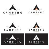 ancien et rétro tente logo, camping. avec tente, arbre et feu signe. aventuriers, éclaireurs, grimpeurs, camping équipement centre vecteur