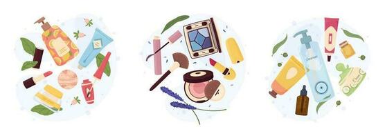 soin de la peau cosmétique bouteilles et bocaux, beauté maquillage des produits. nettoyant, crème, le fard à paupières, mascara, biologique produits de beauté vecteur illustration ensemble