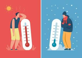 Masculin personnage dans chaud et du froid temps avec Extérieur thermomètre. la personne transpiration ou gelé, été contre hiver saison vecteur illustration