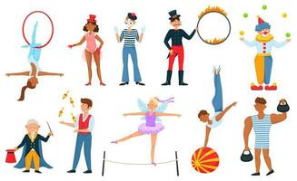 cirque interprètes, magicien, clown, jongleur, acrobate, homme fort. aérien acrobates, animal entraîneur avec Feu anneau, carnaval interprète vecteur ensemble