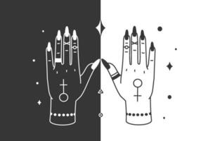 sorcière mains. boho la sorcellerie tarot affiche. spirituel féminin bras avec accessoire, femelle et Masculin symboles vecteur