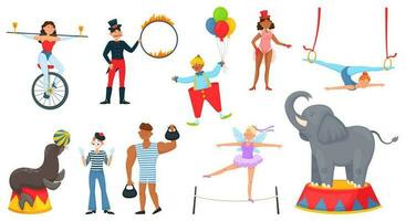 dessin animé cirque personnages, carnaval artistes, qualifié animal interprètes. cirque éléphant, joint, clown, acrobate, magicien, jongleur vecteur ensemble