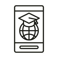 chapeau de graduation monde smartphone éducation et développement en ligne icône de style de ligne elearning vecteur