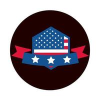4 juillet fête de l'indépendance drapeau américain ruban emblème étiquette bloc et icône de style plat vecteur