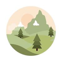 paysage nature montagnes enneigées pins champ icône de style plat vecteur