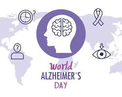 journée mondiale d'alzheimer avec tête de profil et icônes vecteur