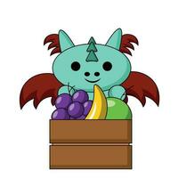 mignonne dessin animé dragon avec fruit dans en bois boîte dans Couleur vecteur