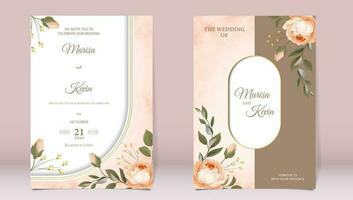 luxe mariage invitation avec pivoine et feuilles sur aquarelle Contexte vecteur