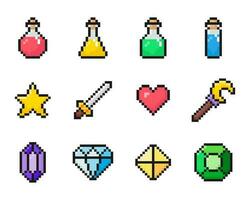 pixel art vecteur ensemble de Icônes, Jeu ensemble, santé, mana potion, ancien, 8 bit, années 80, Années 90 Jeux, ordinateur arcade Jeu articles, épée, gemme, cristal, baguette magique, cœur, étoile