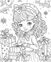 Noël fille et cadeaux coloration page vecteur