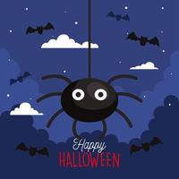 bannière d'halloween heureuse avec araignée suspendue et chauves-souris volantes vecteur
