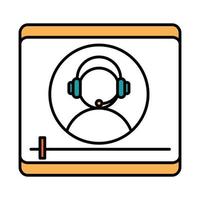 personnage d'éducation en ligne avec site Web d'enseignement de séminaire vidéo sur casque et ligne de cours de formation mobile et icône de remplissage vecteur