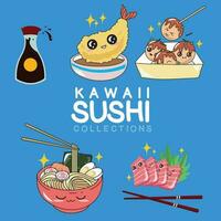 marrant Japonais aliments. asiatique cuisine. kawaii mignonne Sushi collections avec souriant visage et rose joues. dessin animé emoji pour textile, la toile, imprimer. vecteur illustration.